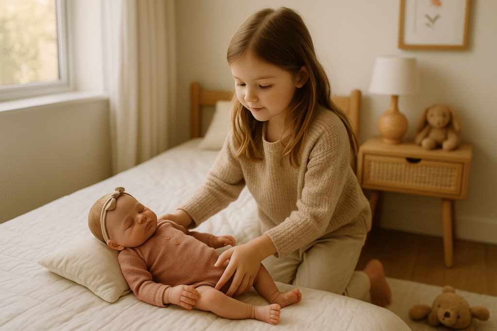 Bebe segurando Bebe Reborn