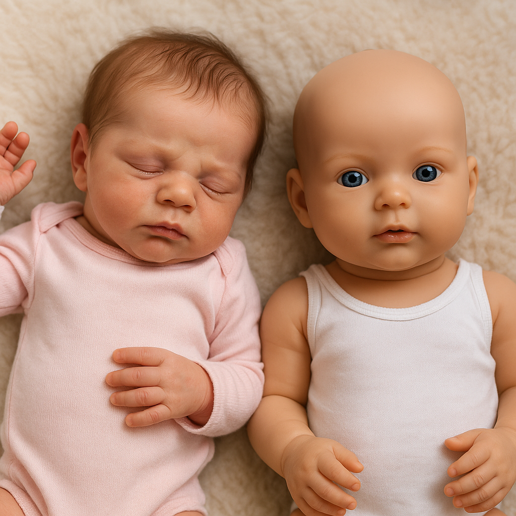 Comparação visual entre um bebê reborn e uma boneca realista, evidenciando detalhes como textura da pele, cabelo e expressões faciais.